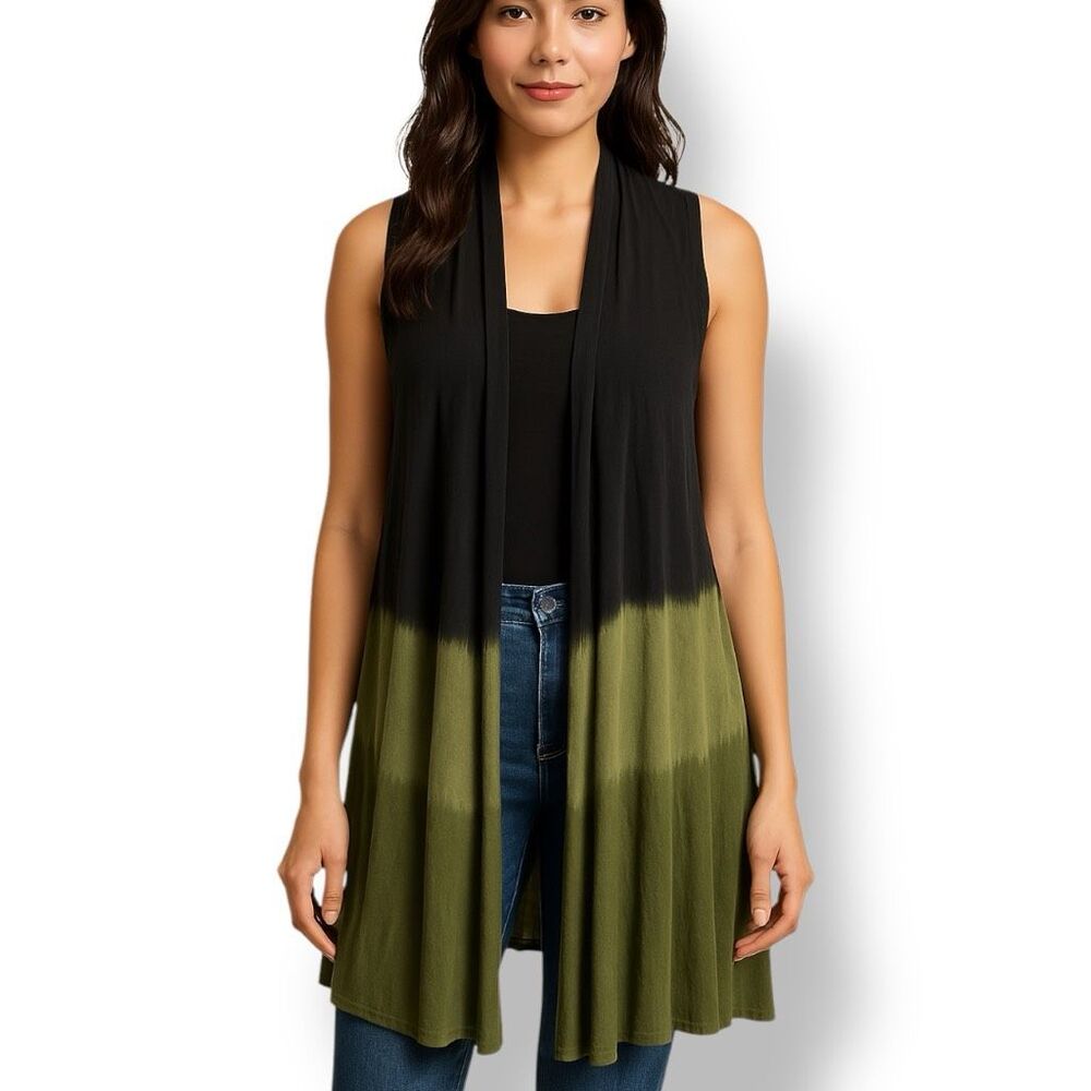 Clea Ray Black Olive Green Dip Dye Sleeveless Drape Vest Sleeveless Cardigan